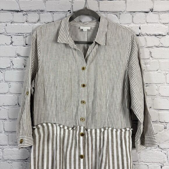 J Jill Linen Stripe Shirtdress Midi Dress Women M Pockets Preppy Beach Lagenlook - Picture 6 of 16